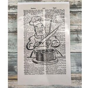 Smiling Chef Cooking Art Vintage Dictionary Page Decor Whimsical Style Handmade